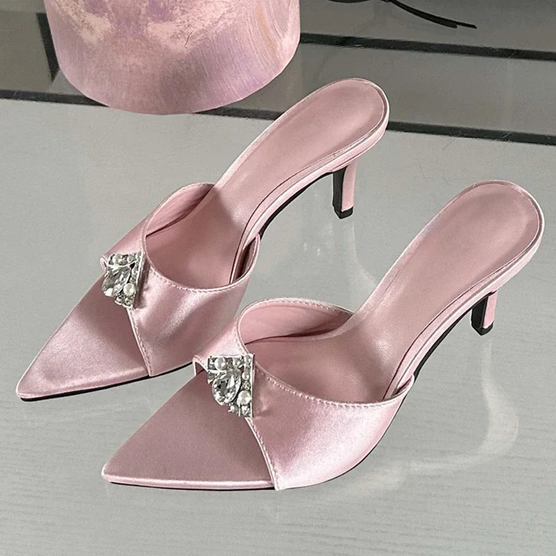 CRYSTAL Diamond Slippers Pointed Toe Shoes Thin Heels Banquet Slides Sandals