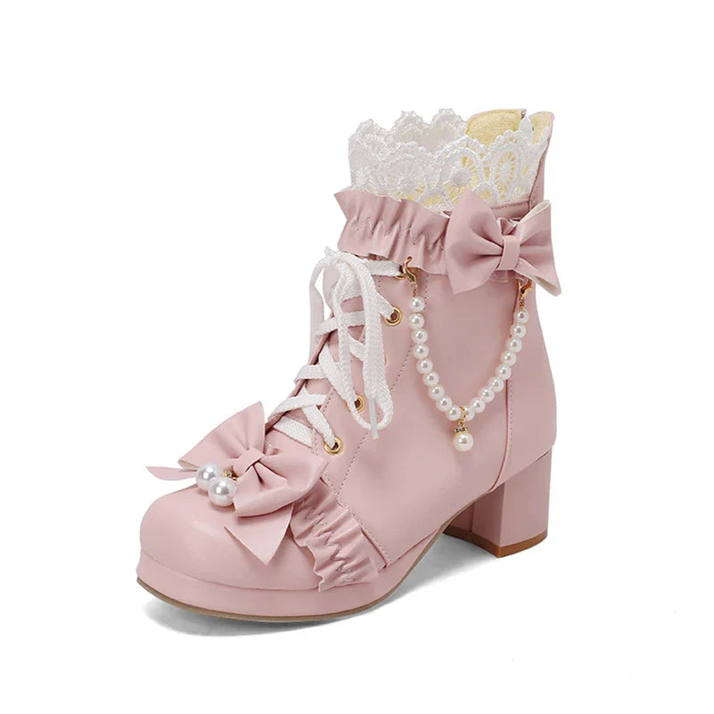 Lolita Ankle Short Boots Round Toe Kawaii Thick Mid Heels Zipper Bead Bow Lace-up Lady Cosplay Shoes