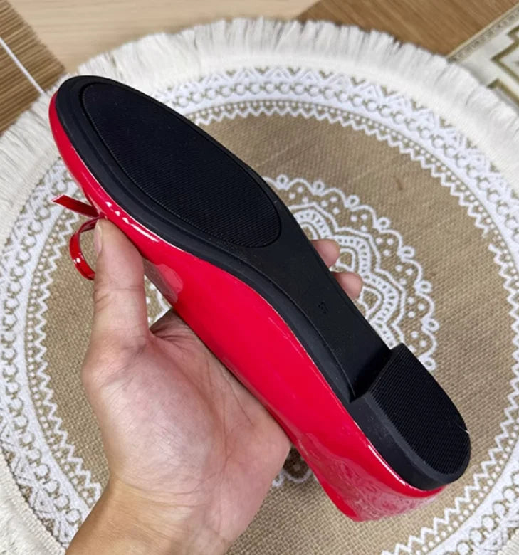 Round Toe Ballet Flats Spongy Bottom Hot Italian Shoes Patent Leather Classic Bow-Knot Dressing Slip-On 34 48 47