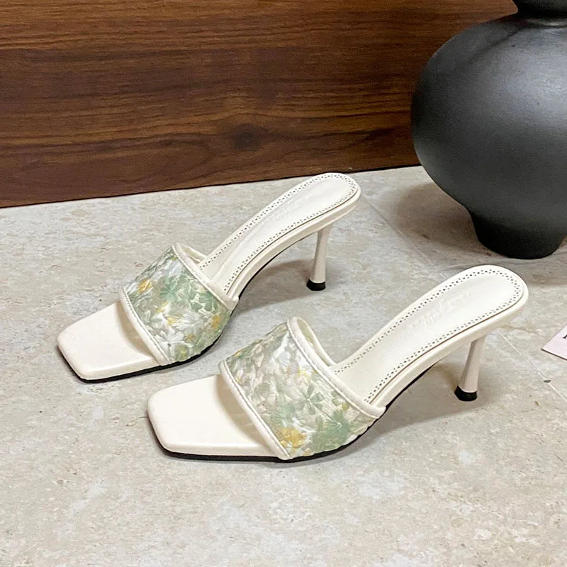 Flower Thin Heels Slides Sandals Shoes Square Toe High Heels Shoes Slip On Sandals Pumps