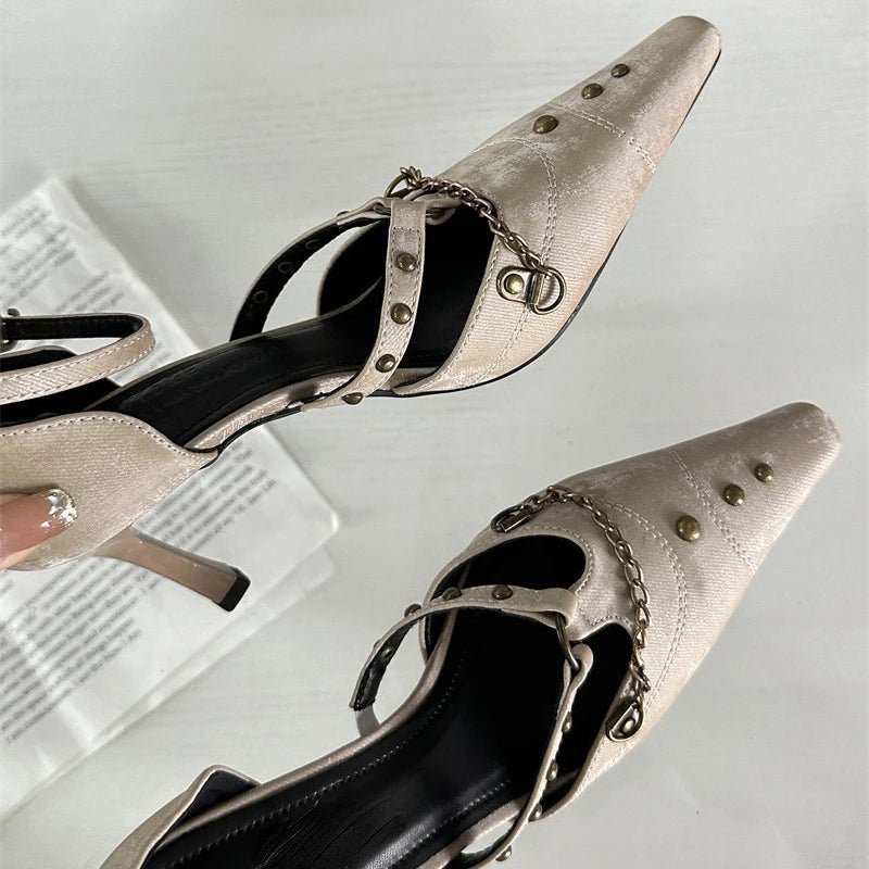 Retro Rivets Metal Chain High Heels Thin Heel Party Elegant Office Shoes Pointed Toe Pump Sandals