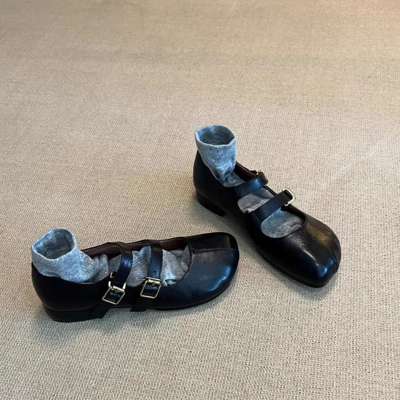 Double Buckle Strap Tabis Shoes Solid Leather Mary Janes Low Heeled Flats Woman Trotters Loafers Barefoot Walking Shoes