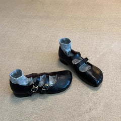 Double Buckle Strap Tabis Shoes Solid Leather Mary Janes Low Heeled Flats Woman Trotters Loafers Barefoot Walking Shoes