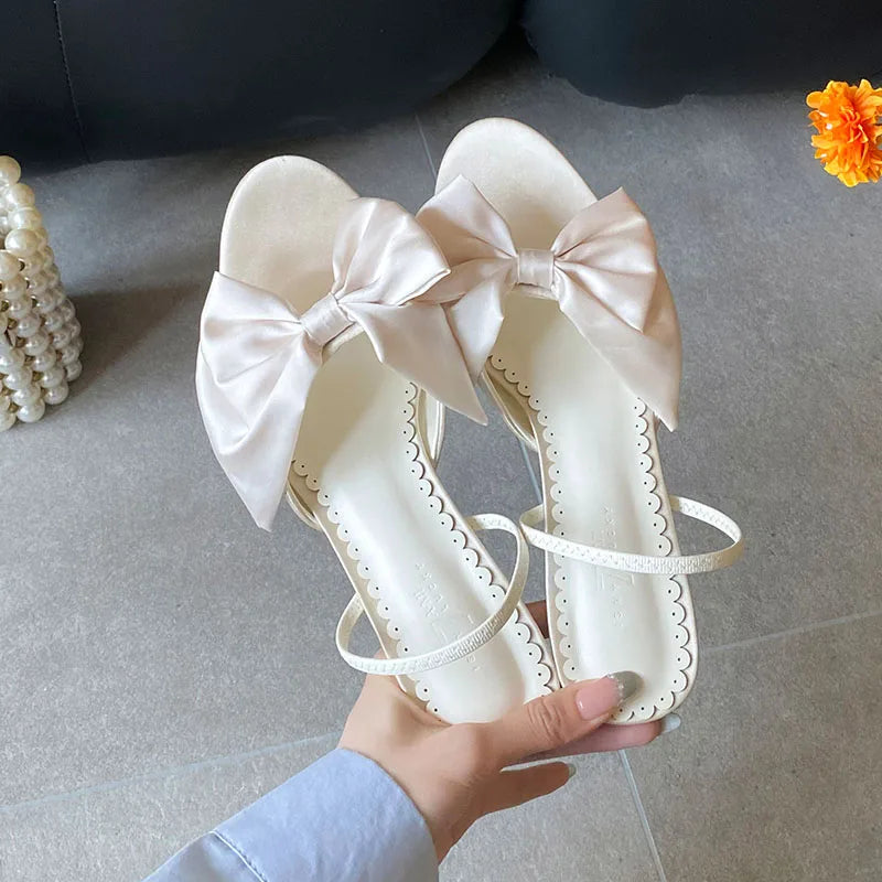 Butterfly-Knot Thin Heels Sandals Shoes Round Toe Footwear Elegant Heeled Sandals Slides Shoes