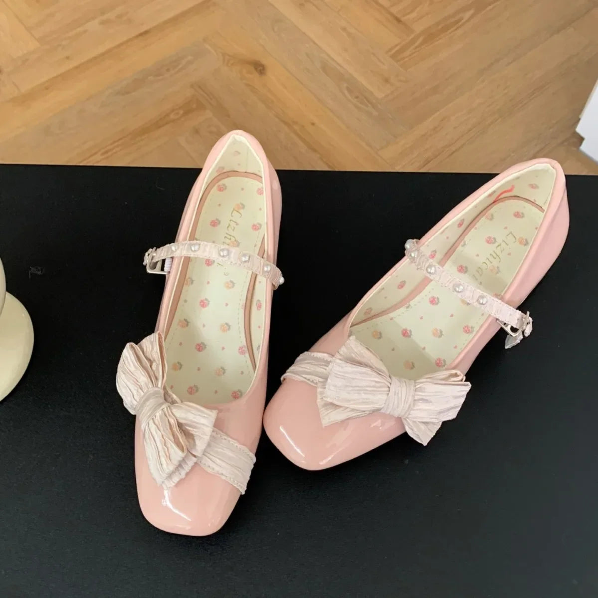 Butterfly-knot Sweet Mary Jane Shoes Elegant Chunky Shallow Pumps Buckle Square Toe High Heels Ladies
