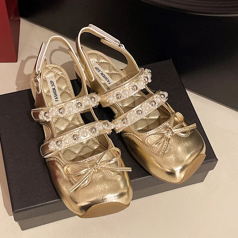 Pearl Bow Mary Jane Leather Shoes Flats Sandals Square Toe Slippers Lolita Mujer Zapatillas