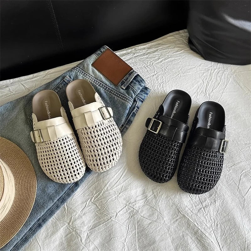 Mesh Platform High Heels Weave Slippers Hollow Sandals Mules Woman Fad Beach Loafers Slides Dress