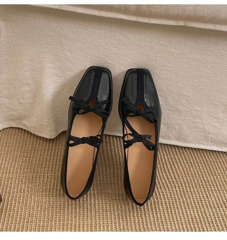 Elegant Bow Decoration Square Toe Shallow Mouth Single Shoes