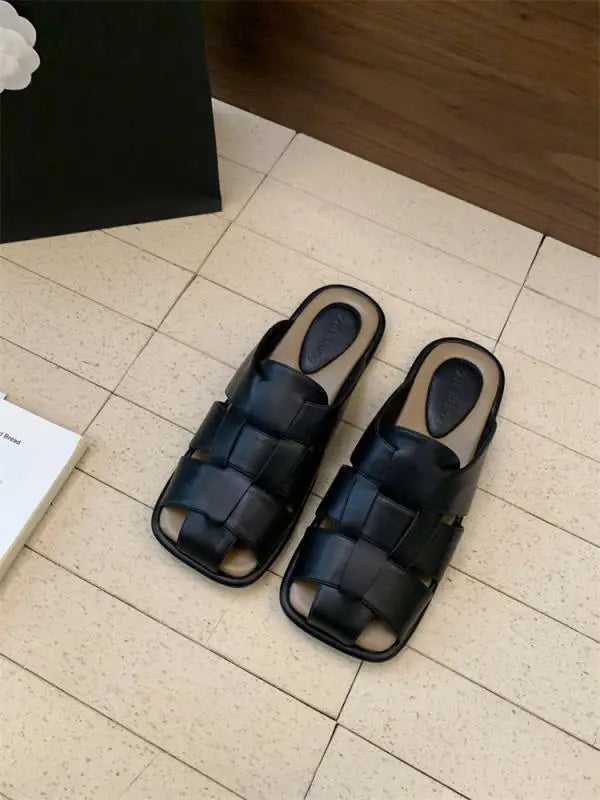 Slippers Shoes Low Slides Cover Toe Pantofle Fretwork Heels Flat Rubber PU Fabric Hoof Shoes Wo