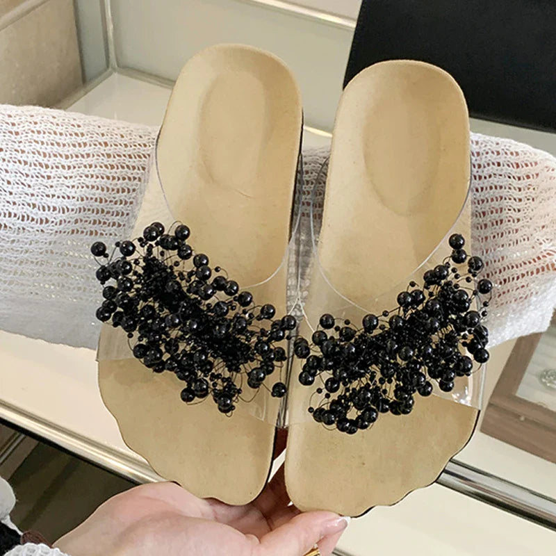 Green Pearl Slides Transparent Slippers Cozy Wide Open Toe Low Heels Beach Shoes Gladiator Sandals