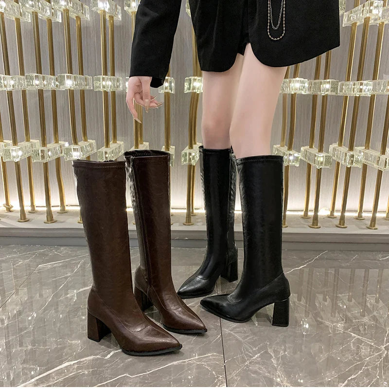 Knee High Boots Knight Long Booties Square High Heels Shoes Botas Mujer