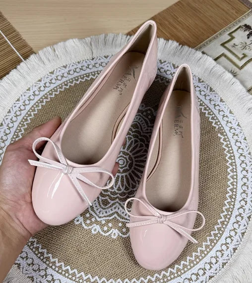 Round Toe Ballet Flats Spongy Bottom Hot Italian Shoes Patent Leather Classic Bow-Knot Dressing Slip-On 34 48 47