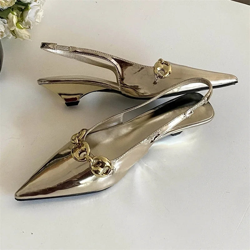 Elegant Metal Decoration Pointed Toe Thin Low Heels Sandals Casual Dress Mules Shoes