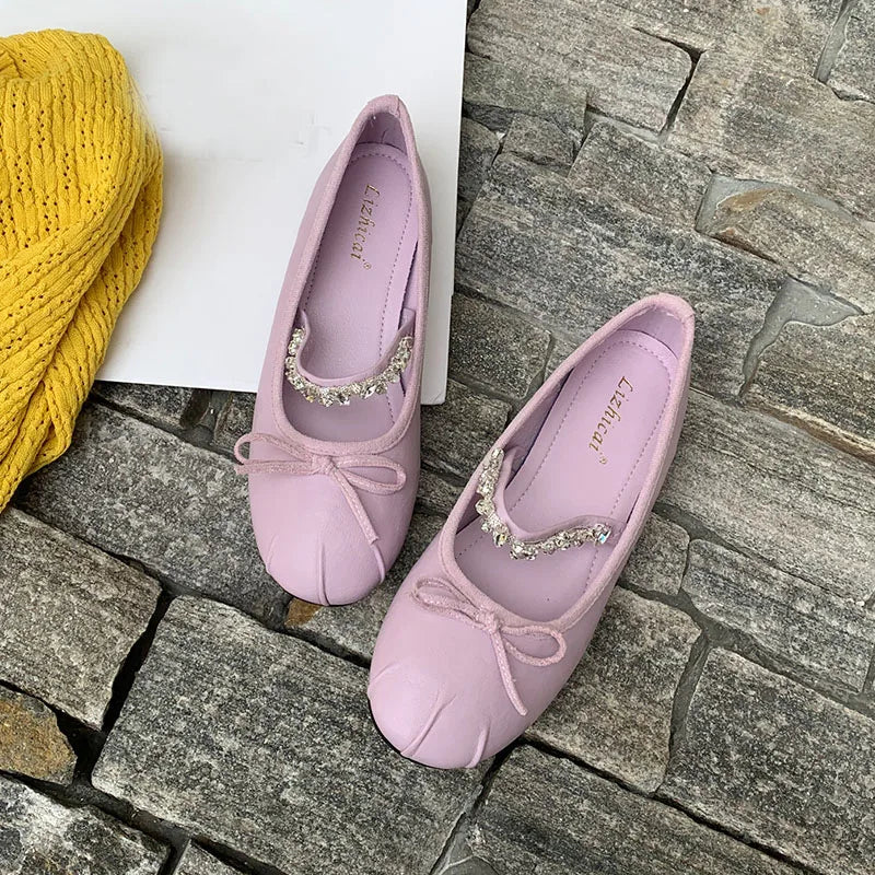 Pink Rhinestones Mary Janes Flats Lolita Shoes Soft Round Toe Footwear Shallow Ballet Flats Shoes