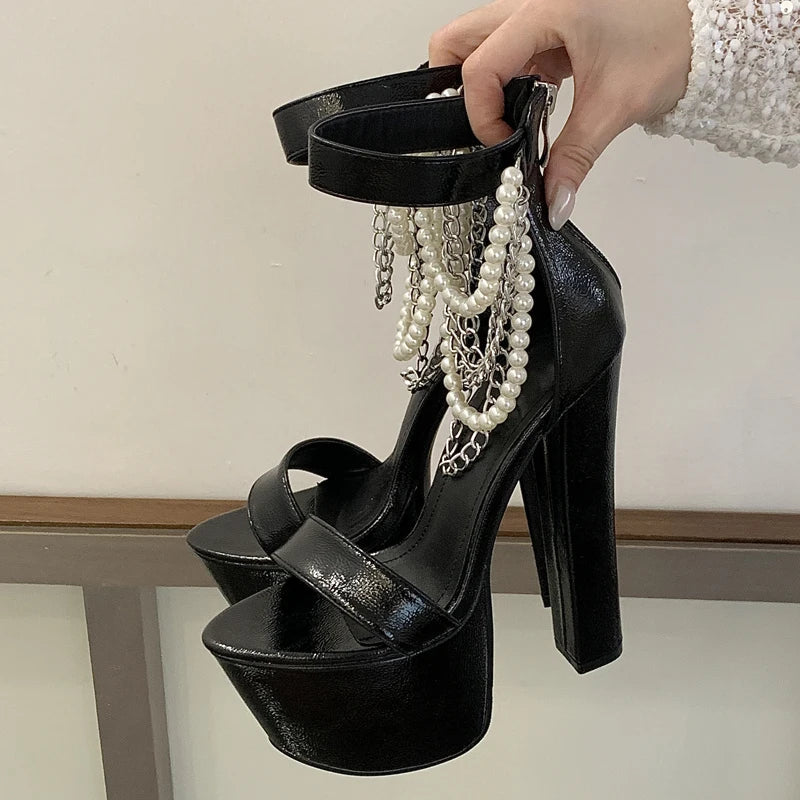 Silver Chain Open Toe Pumps Street Style Chunky Platform Super Square High Heels Zipper Banquet Shoes