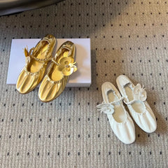 Round Toe Flower Sandals Flat Mary Janes Elastic Band Casual Ballet Shoes Slip On Wrinkles Elegant
