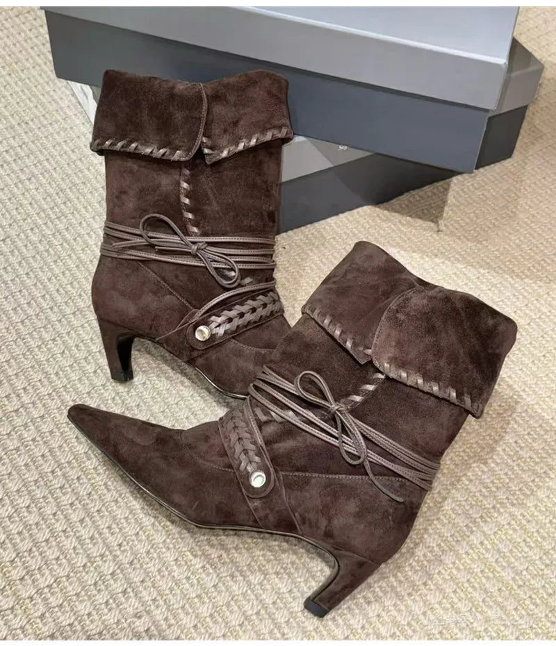 Faux Suede Weave Lace-up Motorcycle Boots High heels Chelsea Western Mid-Calf Short Booties Shoes