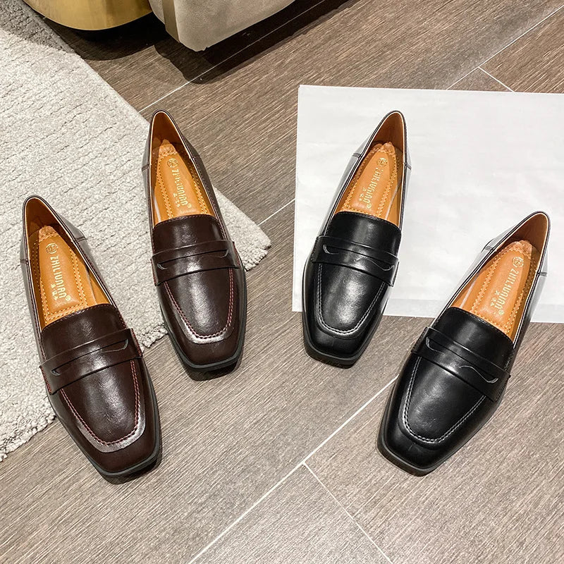 British High Quality leather flats shoes woman slip on loafers 34-43 big size square toe oxford shoes woman comfy working flats