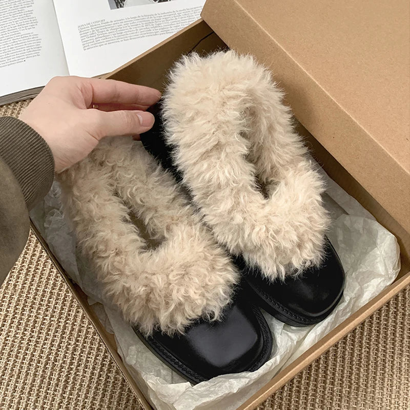 Fur Lining Mary Jane Shoes Elegant Square Toe Slip 2026 Keep Warm Thick Heel Single Shoes