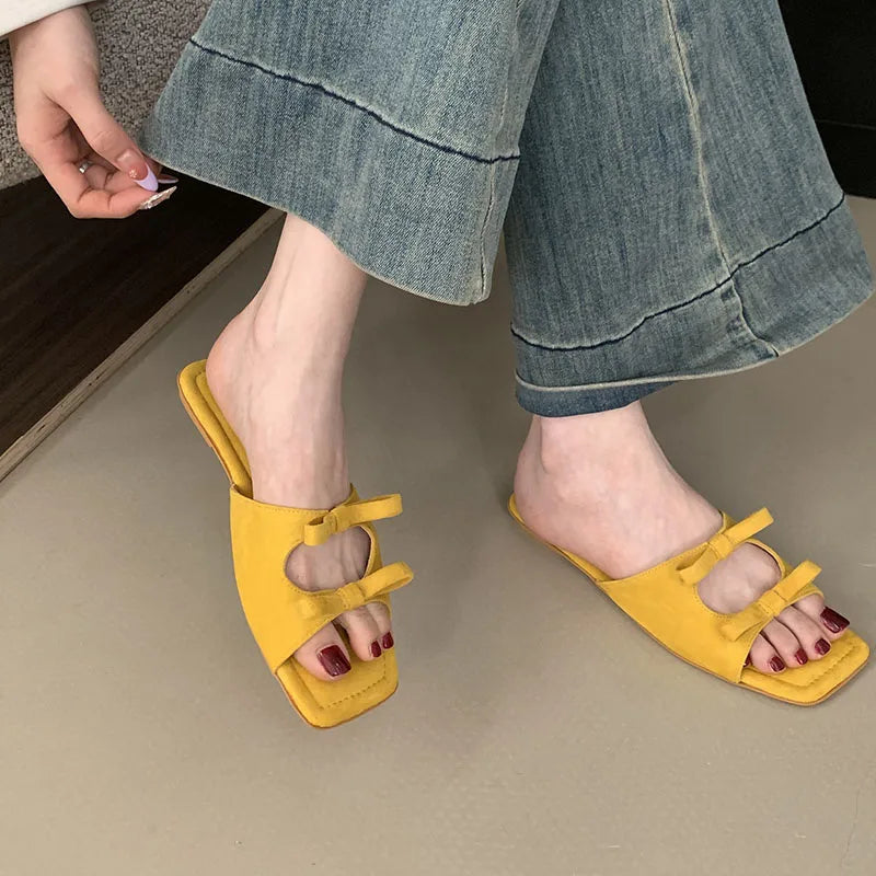 Butterfly-Knot Flats Slippers Shoes Square Toe Beach Slides Sandals Shoes