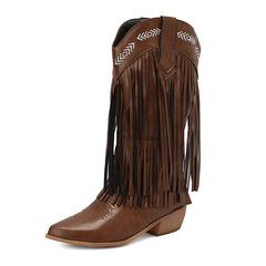 Fringe Western Boots Pink Sweet Embroidered Boots Brown Tassels Block Medium Heels Shoes Plus Size 48 Lady