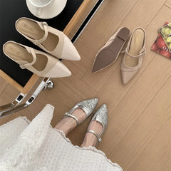 Shoes Woman's Slippers Pointed Toe Slides Silver Cover Flat Scandals Bling Slippers Cover Toe S