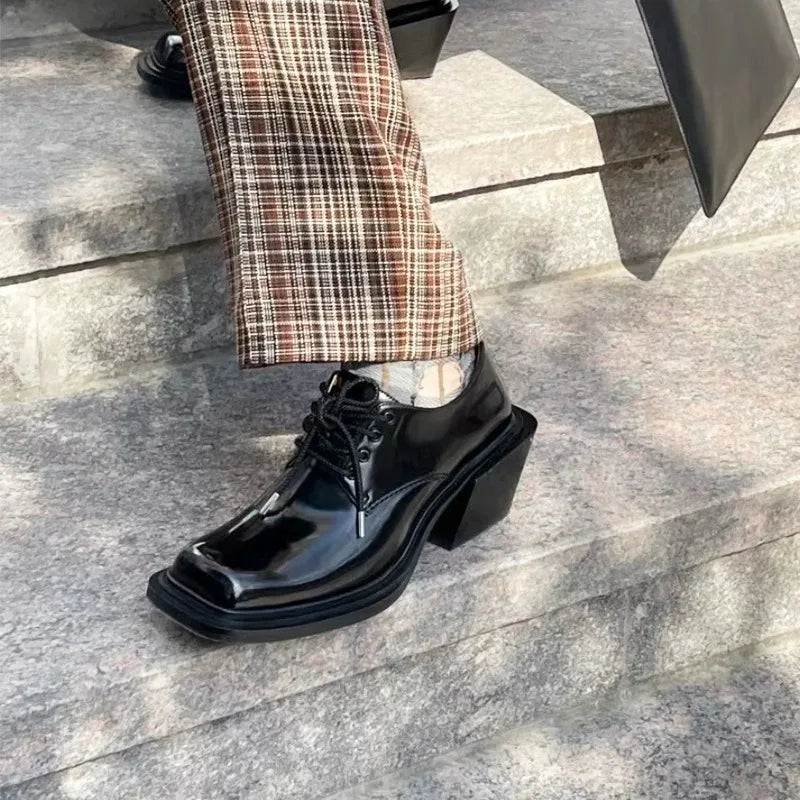 Square Toe Lace Up Japanese Style Thick Heel Heightening High Heels Personalized Patent Leather Solid Color Shoes