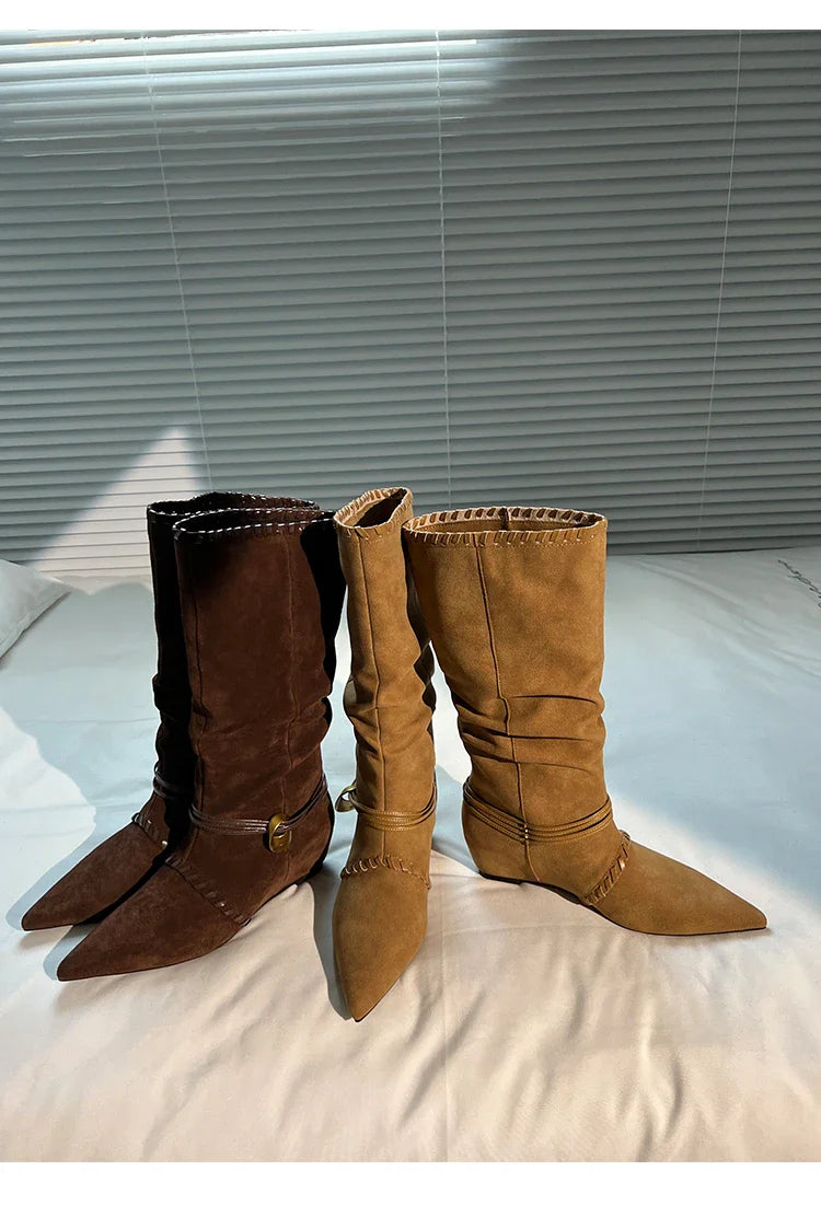 Mid Calf Boots Pointed Toe Flats Shoes Chelsea Boots Casual Walking Suede Zapatos Goth Mujer Botas