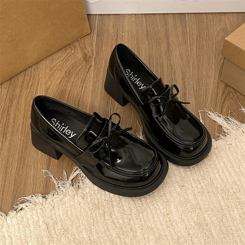 College Style Platform Loafers Shoes Shallow Slip On Shoes Elegant Thick Heel Leather Shoes