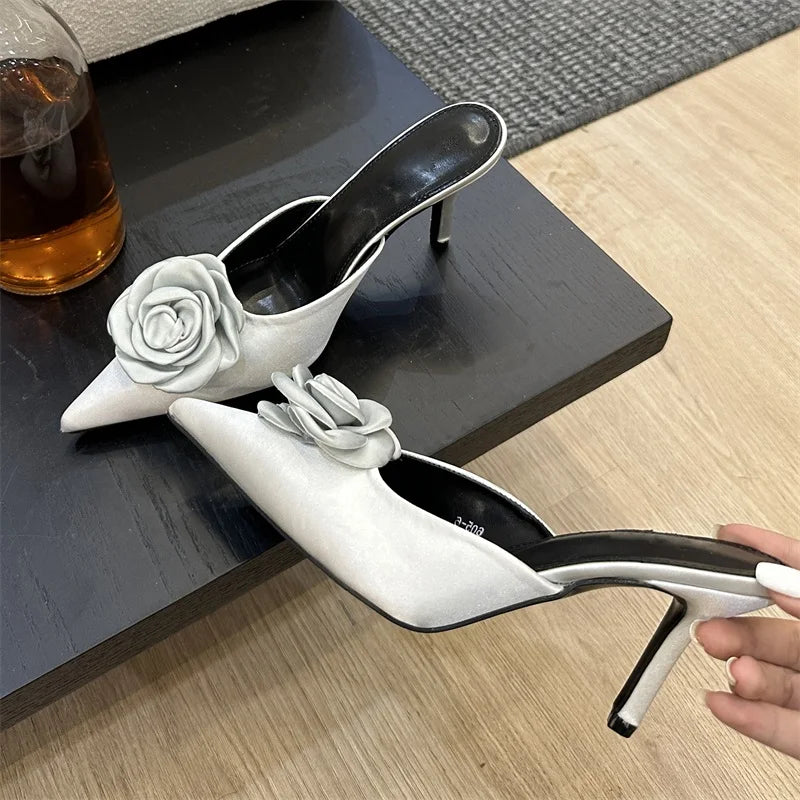 Flower Pointed Toe Shallow Thin High Heels Shoes Slide Mule Slippers