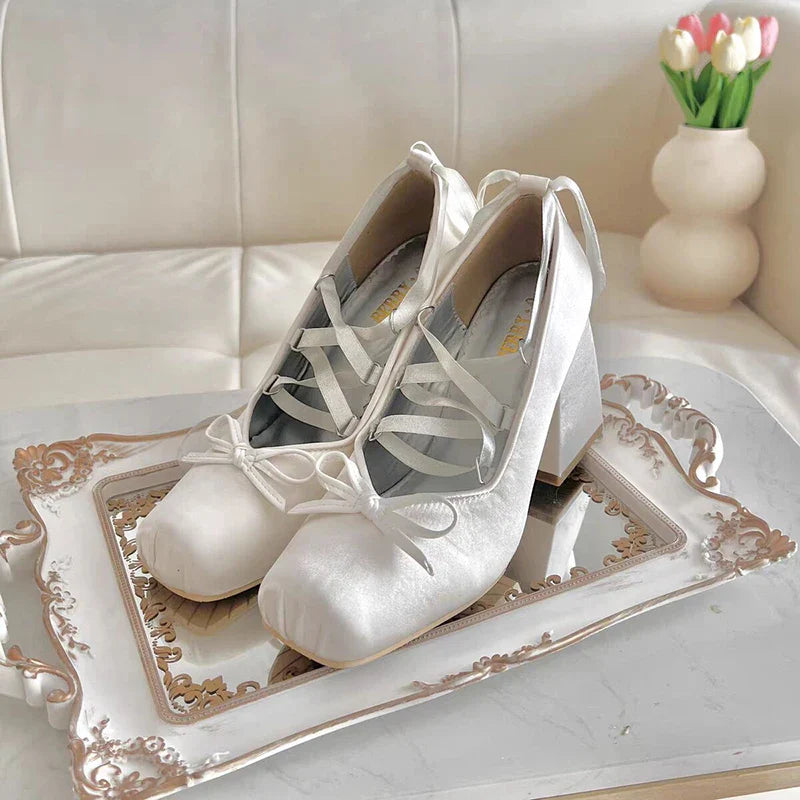 Silk square toe 9cm heel ballet shoes lace up