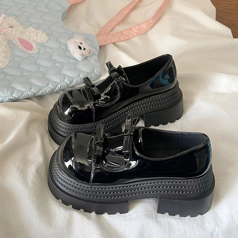 Womens Loafers Shoes Slip-on Bow-Knot Clogs Platform Black Flats Oxfords Slip On On Heels Butterfly Creepers Leather