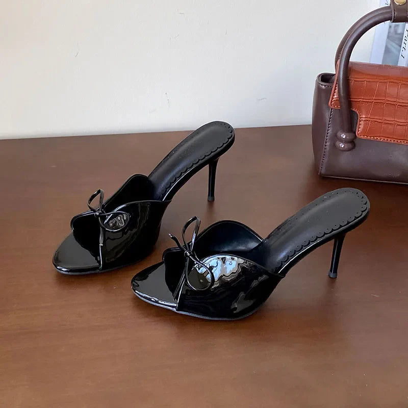 Round Toe Footwear Thin Heels Slides Shoes Butterfly-Knot Slip On High Heels Shoes