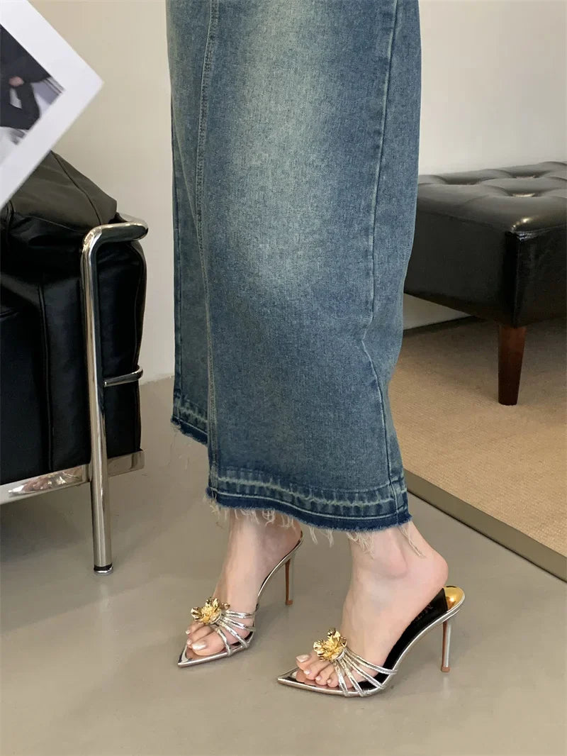 Pointed Toe White High Heels Party Slippers Metal Flowers Sandal Banquet Shoes Mules Slides