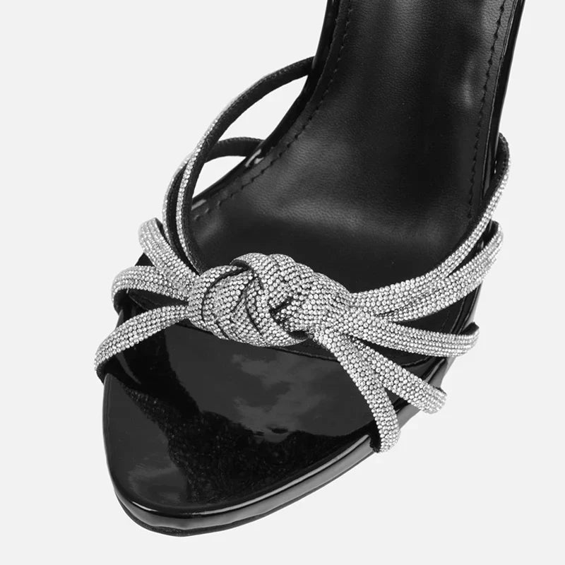 Black High Heels Sandals Peep Toe Crystal Narrow Band Stiletto Pumps Ankle Lace Up Party