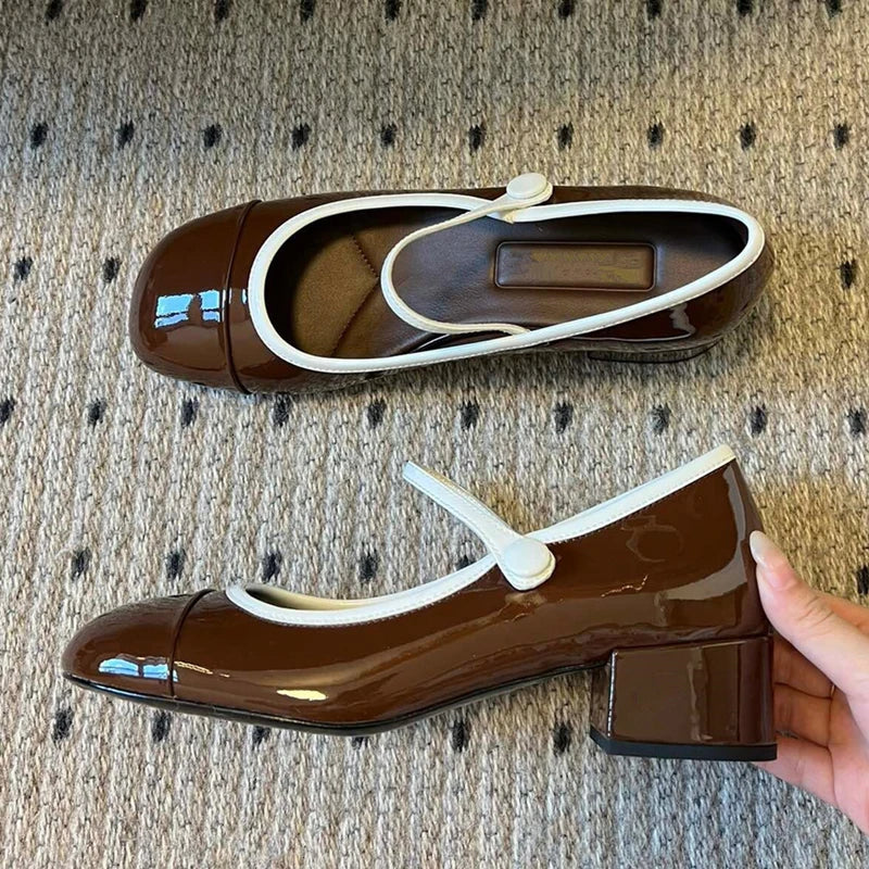 Japanned Leather Mary Janes Woman Color Block High Heels Shoes Belt Buckle Tacones Wedges Chunky Heeled Escarpins Mujer