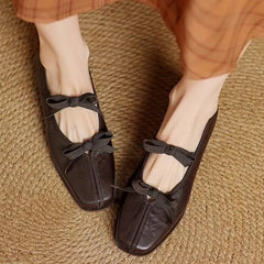 Mary Jane Shoes Ballet Bow Square Toe Mid Heels Nude Shoes Casual Elegant Shallow Pumps
