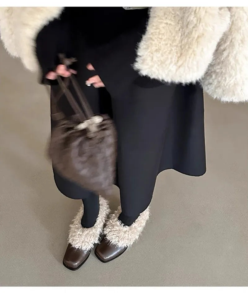 Ins style Square toe Patent Leather Wool Warm High heels Loafers Casual Girls Chunky Shoes
