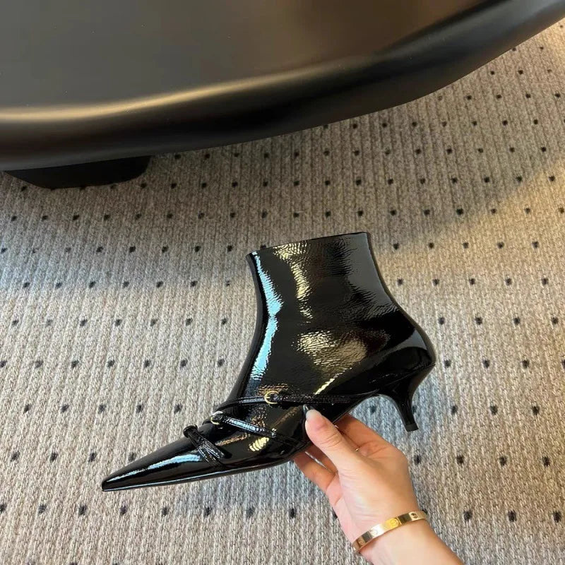 Patent Leather Belt Buckle Ankle Boots Elegant High heels Chelsea Office Lady Short Booties Shoes