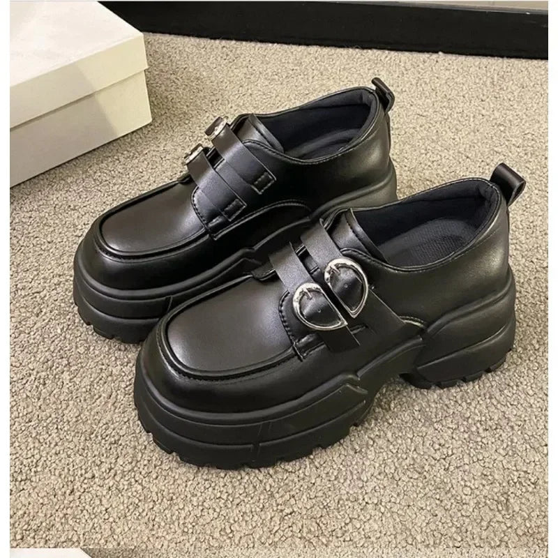 Loafers High Platform 7CM Shoes Thick Sole PU Leather British Metal Buckle Simple Mary Jane Shoes