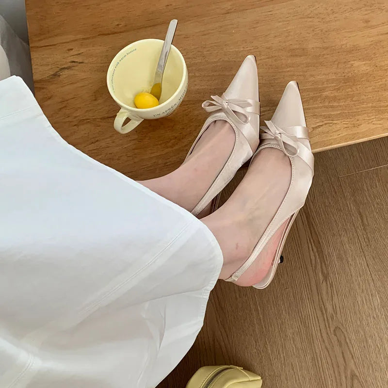 Butterfly-Knot Medium Heels Pumps Shoes Slingbacks Footwear Shallow Thin Heels Shoes Sandals