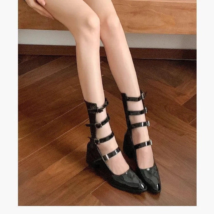 Leather Version Spicy Girl French Mary Jane Shoes Pointed Toe Thick Heel Boots Short Boots Shoes