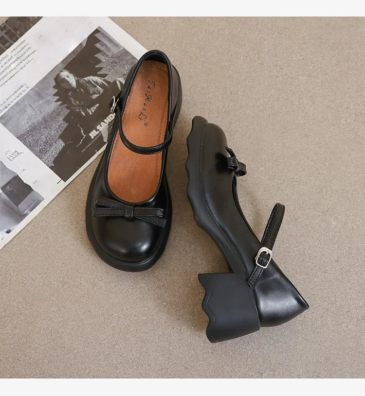 Style Mary Janes Shoes Elegant Chunky Platform High Heels Shoes Bow Ankle Buckle Party Shoes
