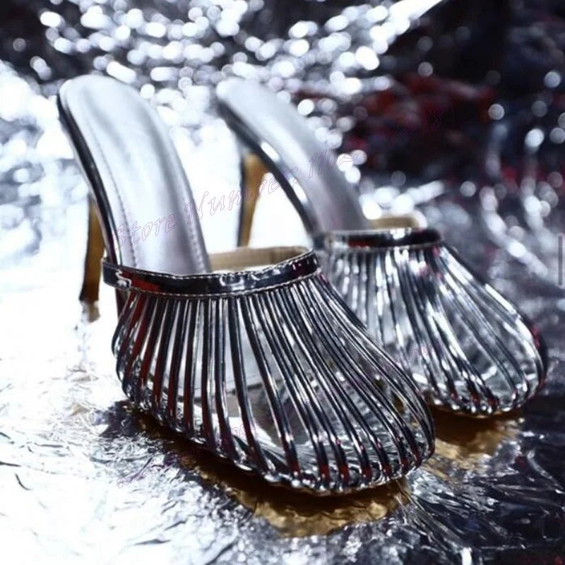 Silver Round Toe Slippers Cut Heels Patent Leather Shoes