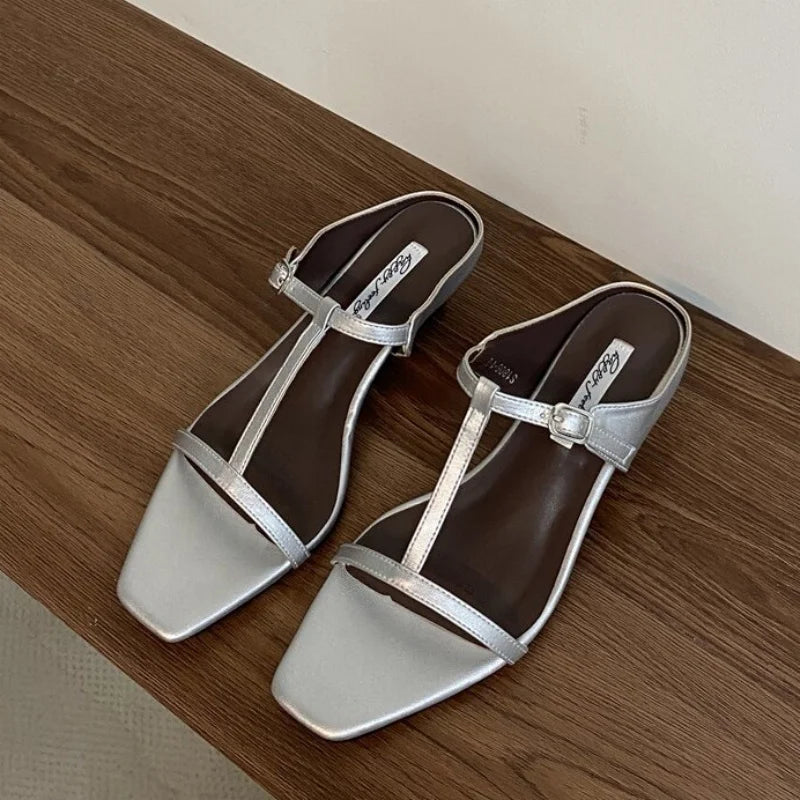Slipper Square Heels Sandals Square Toe Party Wedding Shoes Slip On Beach Slides Mujer
