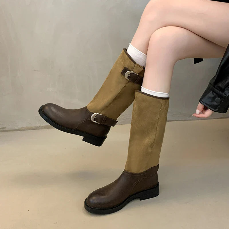 Belt Buckle Knight High Boots Thick Heel Shoes Vintage Slip On Slim Long Booties Zapatos De Muje