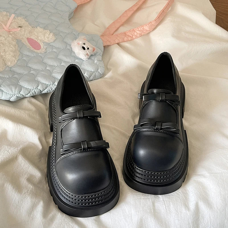 Womens Loafers Shoes Slip-on Bow-Knot Clogs Platform Black Flats Oxfords Slip On On Heels Butterfly Creepers Leather