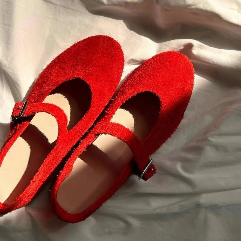 Leather Mary Janes Flats Shoes Cow Suede Buckle Strap Ballet Flats Shoes Shallow Soft Casual Loafers