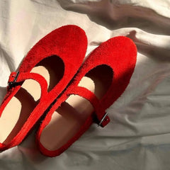 Leather Mary Janes Flats Shoes Cow Suede Buckle Strap Ballet Flats Shoes Shallow Soft Casual Loafers