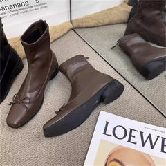 Brown Bow Back Zipper Ankle Boots Point Flat Head Square Heel Shoes Chic Sewing Thread Boot